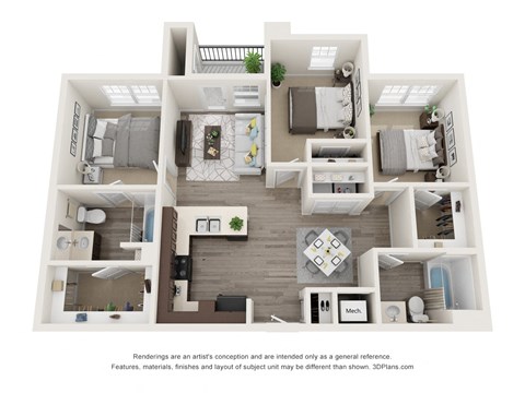 Floor plan for 3 beds, 2 baths, 1059 sqft
